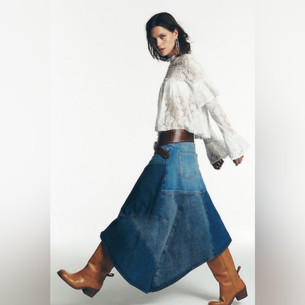 New Free People Piece Of Work Denim Midi Skirt